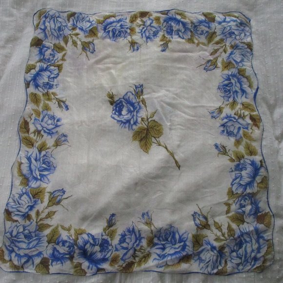 1930s sheer silk blue roses scarf - Picture 2 of 8